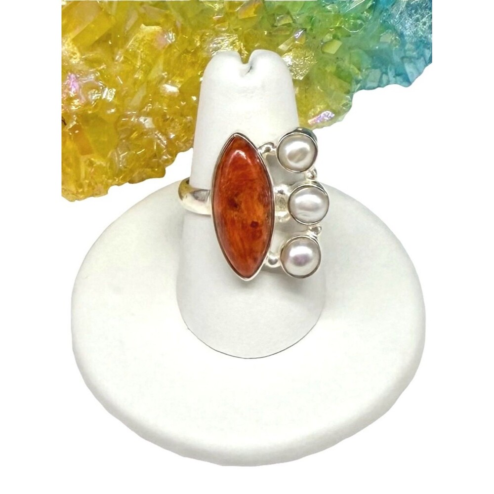 Orange Mohave Turquoise Freshwater Pearl Ring Size 7.5 Solid 925 Sterling Silver